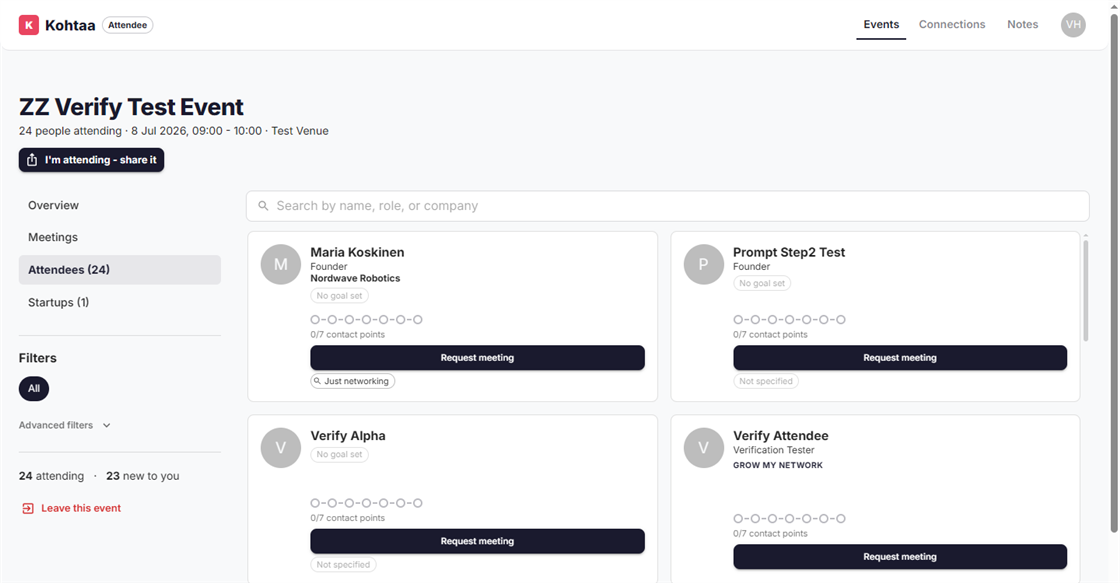 Kohtaa attendee roster: browse, filter by role, and request a meeting