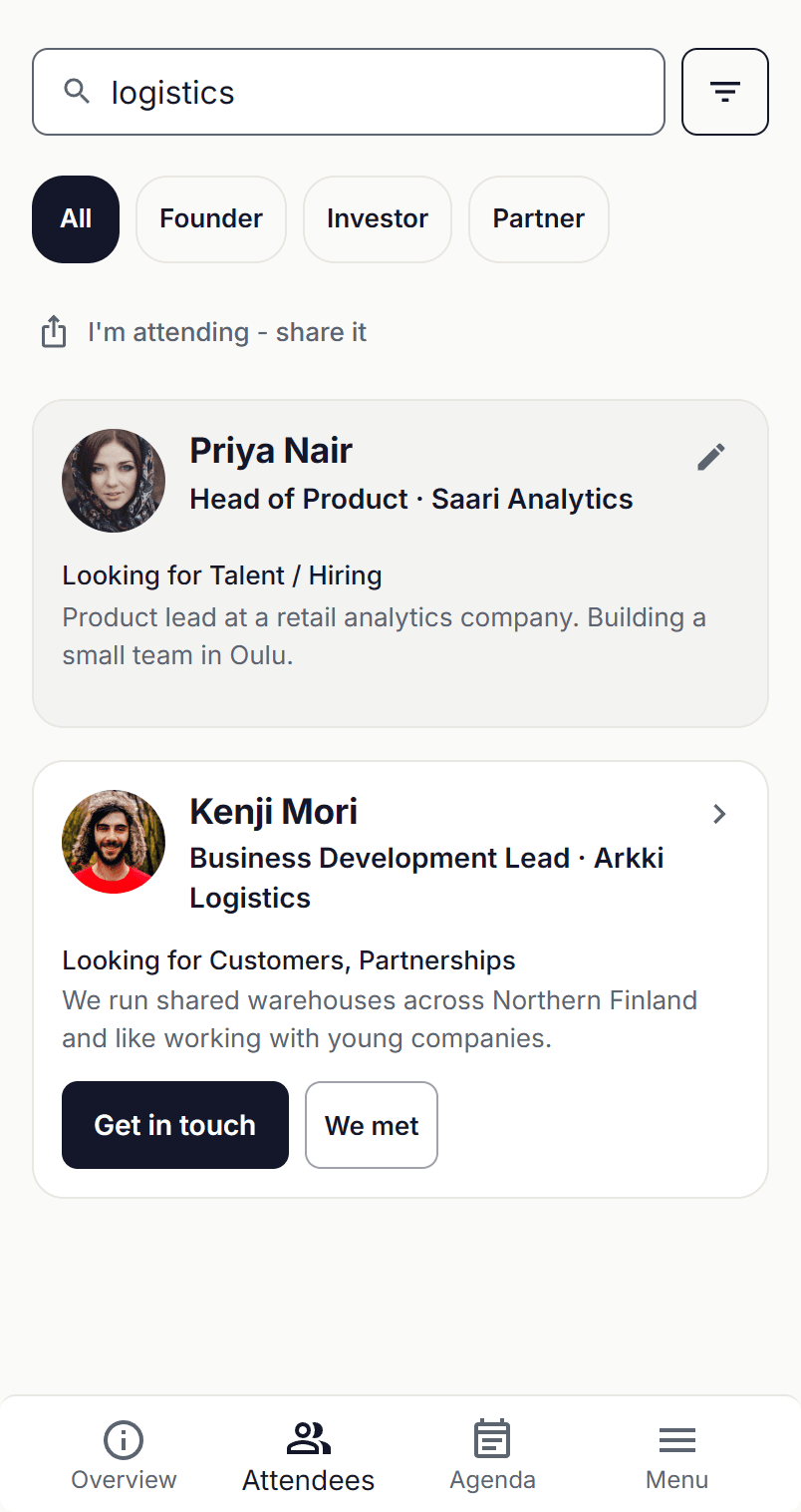 Kohtaa attendee directory on a phone, searched for "logistics": the attendee's own card and a Business Development Lead at a logistics company, with Get in touch and We met buttons
